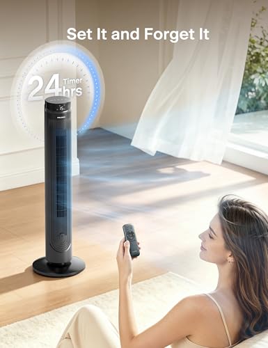 Image of PELONIS 42-Inch Tower Fan with 90 Oscillation, DC Motor Standing Fan with Remote Control & LED Display, 12 Speeds & 24H Timer, Quiet Cooling Fan for Bedroom Home Office