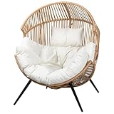 JAMFLY Egg Chair Wicker Outdoor Chairs, Oversized Patio Chair Oversized Lounger Chair with Cushion for Indoor Living Room, Bedroom, Outside Patio Backyard Balcony, Beige