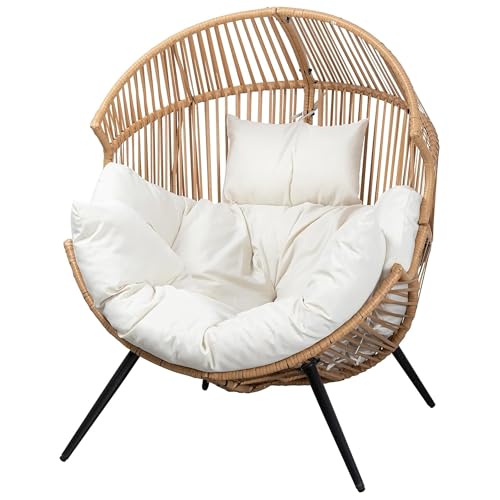 JAMFLY Egg Chair Wicker Outdoor Chairs, Oversized Patio Chair Oversized Lounger Chair with Cushion for Indoor Living Room, Bedroom, Outside Patio Backyard Balcony, Beige