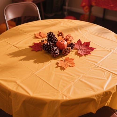 Image of CIEOVO 12 Pack Fall Plastic Tablecloth, Autumn Color Disposable Waterproof Round Tablecloth for Fall in Love Wedding Thanksgiving Harvest Family Birthday Baby Shower Party Decoration