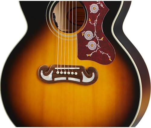 Close-up of the Epiphone Inspired by Gibson J-200 Jumbo Acoustic Electric Guitar's body, highlighting the soundhole, bridge, and pickguard design.