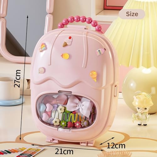 Image of KiZY Girl Kid Hair Accessories Storage Box | Hair Ties-Clips, Bow-Ribbon-Headband, Jewelry Organizer | Portable Case | Available in Multiple Design-Color. (Pack of - 2, Pink Trolly)
