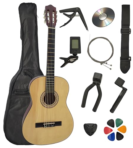 Paquete de Guitarra Clásica 4/4 (Adulto) + 6 Accesorios + Clase de Vídeo y DVD (natural, idioma español no garantizado)