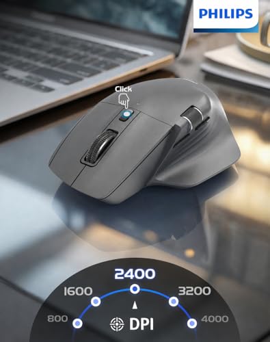 Image of Philips Ergonomic Wireless Mouse, Multi-Device Bluetooth (USB-A /C) for Laptop & Mac /PC, Silent Productivity Mouse with Side Scroll, 5-Level DPI Rechargeable Computer Mouse(Grey)
