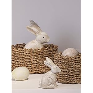 DN DECONATION Wooden Antique White 3D Bunny Rabbit Figurines for Spring Easter Decor Gift Set of 2