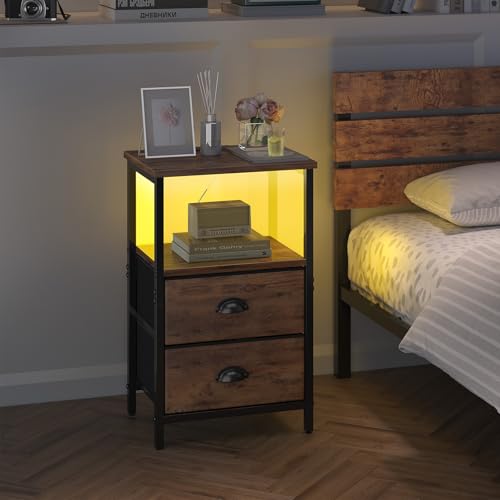 Image of Sthmec Industrial Nightstand, 11.38''D * 15.38''W* 24.75''H, Rustic Brown, 2 Drawers, LED, Charger Station