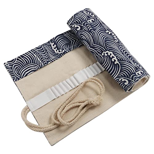 Image of Canvas Pencil Wrap Case, 48 Holes Colored Pencil Roll Holder Storage Pouch for Office (48 Holes, Deepblue)