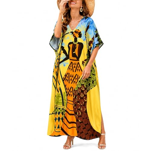 Image of Gypsie Blu Women Plus Size Kaftan Dress Beach Cover Up Maxi Dresses for Women, V-Neck Kimono Sleeve 1X-3X