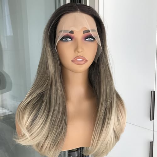 Ombre Brown Blonde Lace Front Wig Natural Straight Wigs for Women 13x4 Pre Plucked Synthetic Lace Front Wig Heat Resistant Glueless Daily Use Shoulder Length 20 Inch