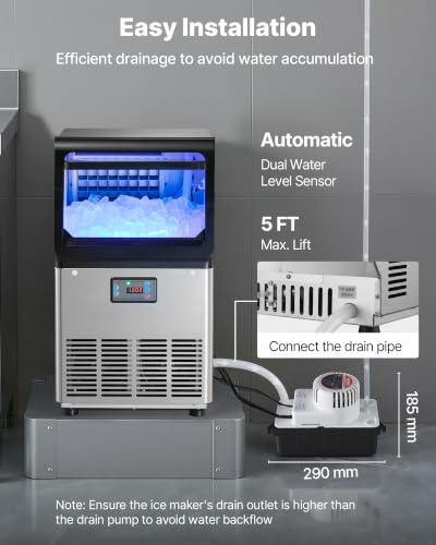 Image of VEVOR Commercial Ice Maker Machine with Pump, 80 lbs /24h with 13 lbs Storage Capacity, Countertop /Freestanding /Under Counter, Stainless Steel Ice Maker with LED Display & Self-Cleaning, for Home Bar