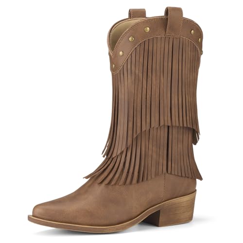 Rollda Girls Cowboy Boots with Tassel, Fringe Cowgirl Boots, Snip Toe, TPR Outsole, Kids Western Boots Stylish & Comfortable for All-Seasons, Toddler/Little Kid/Big Kid