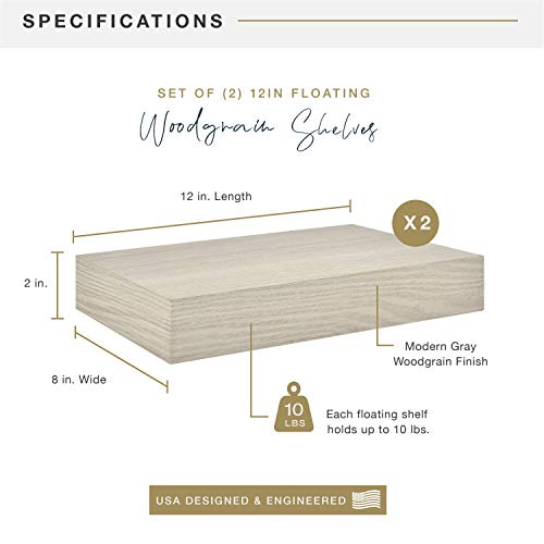 Image of MCS Gray Woodgrain Deep Floating Shelves, 12 Inch x 8 Inch, Set of 2, 12 x 8