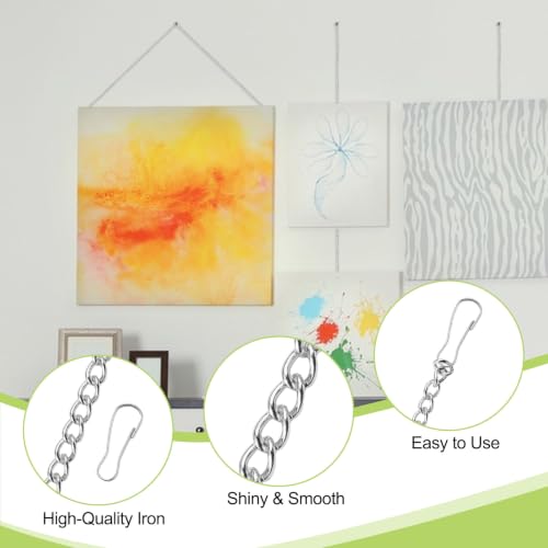 Image of Picture Hanging Kit with 4Pcs 2M Picture Hanging Chains & 12Pcs Small Hooks, Heavy Duty Metal Display Chain for Photo Frames Artworks Mirror(Silver)