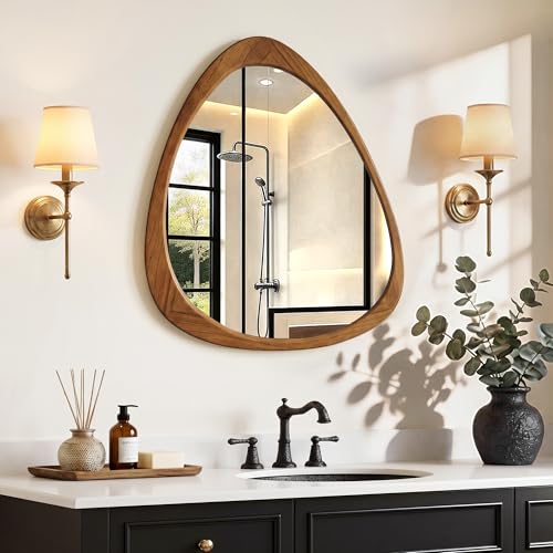 Image of Asymmetrical Mirror, 24 inchx19 inch Unique Irregular Wall Mirror, Wood Mid Century Modern Mirror Decor for Bathroom Bedroom Living Room Entryway Hallway (Natural Wood)