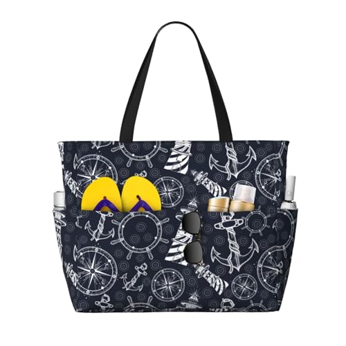 Large Beach Bags Water-resistant Sandproof - Anchor and Lighthouse Cute Beach Tote Bags for Women with Zipper