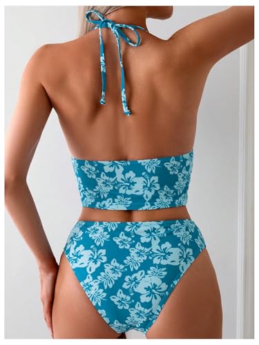 Floerns Women's Floral Print Halter Neck Tankini Top Two Piece Bathing Swimsuit2