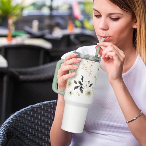 Image of Christian Art Gifts Extra Large Stainless Steel Double Wall Vacuum Insulated Travel Tumbler for Women: Be Still Inspirational Scripture, Lid, Reusable Straw, Wide Handle, White & Teal Floral, 40 oz.