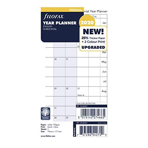 Filofax Refill, Personal/Compact, Full Year Horizontal Planner, English, 2020, 6.75 X 3.75