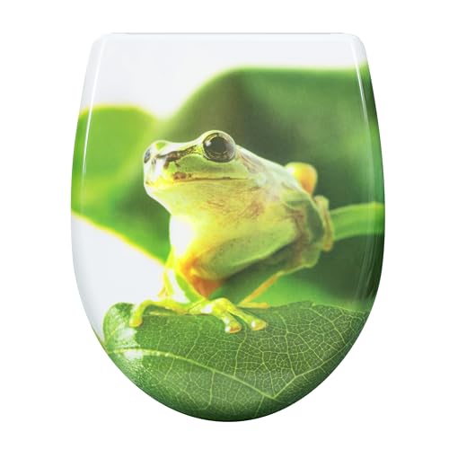eSituro Toilettendeckel, WC Sitz mit Absenkautomatik, Klodeckel mit Schnellverschluss, 360° verstellbaren Scharnieren, Klobrille aus Duroplast, Grün mit Froschdruck
