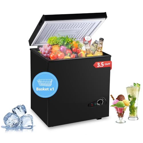 3.5 Cu.Ft Chest Freezer 7 Gears Adjustable Temperature Control(-18°F to -46°F) with a Removable Basket, Deep Compact Freezer for Garage, Office, Basement, House, Kitchen, Shop, RVs-Black