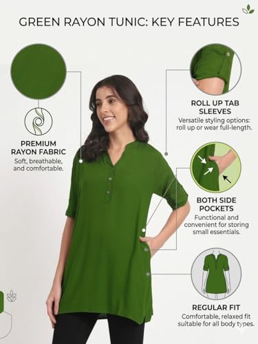 Image of Women's Roll-Up Sleeve Tunic Top, V-Neck with Button Front, Side Pockets, Rayon Short Kurti