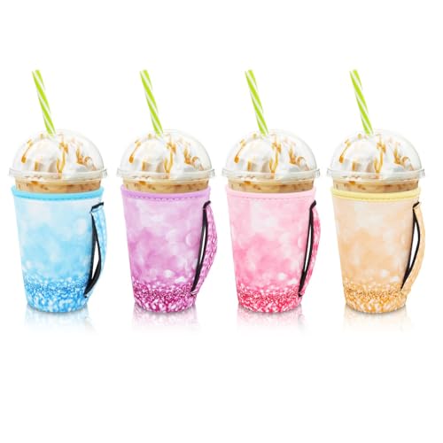 AJLTPA 4Pack Iced Coffee Sleeve With Handle, 22oz - 24oz, Glitter Pattern