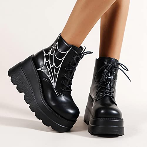 oiangi Wedge Boots for Women Platform Fashion Round Toe Lace Up Spider Web Embroidery Chunky Ankle Booties Casual Comfy Non-slip Ladies High Heel Shoes3