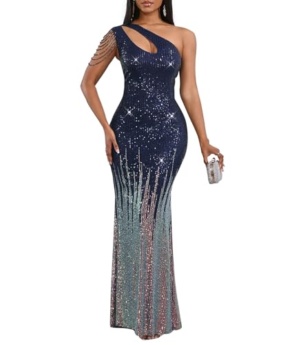 Cololura Women Sequin Elegant Sexy One Shoulder Tassel Mermaid Bodycon Cocktail Evening Dress