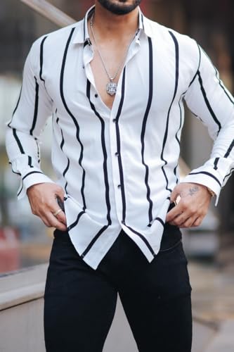 Image of MiraMichi Men's Striped Slim Fit Lycra Shirt | Full Sleeve Stretchable Shirt | Trendy Black and White Vertical Stripes for Casual
