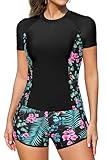SHEKINI Women Rash Vest Short Sleeve Swim Top and Shorts Set 2 Piece Sun Protection Swimsuits Rash Guard Sports Modest Swimwear, Black Green Leaves, Small