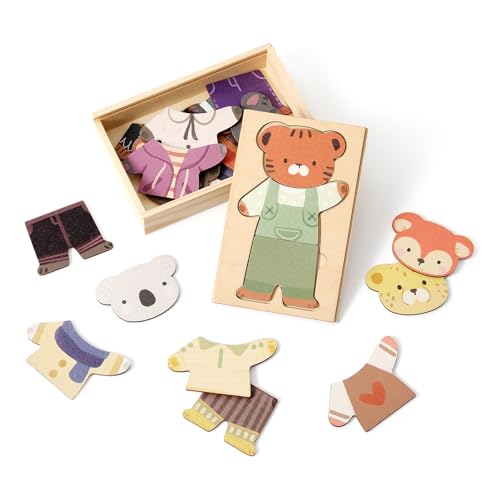 Wooden Animal Dress-Up Puzzle for Ages 3+, 21 Mix-and-Match Pieces with Storage Box, Montessori Matching Toy for Fine Motor Skills and Imaginative...