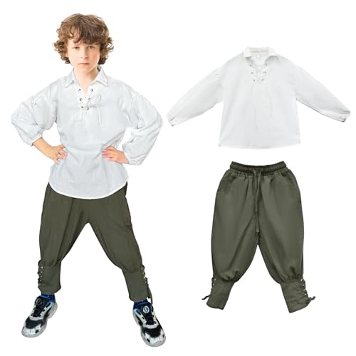 Prebene Jungen Mittelalterliche Piraten Set Shirt & Knöchel Hosen Kinder Renaissance Halloween Kostüm Schottische Jacobite Tops und Hosen (Weiß + Grün 4-6T)