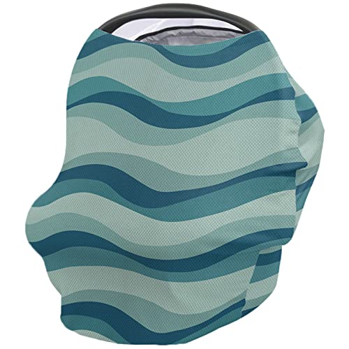 Nursing Cover for Breastfeeding Scarf, Line Striped Wave Blue Green Baby Car Covers Super Soft Multi Use for Canopy Shopping Cart Cover Blanket Stroller Cover
