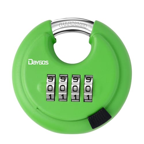 Image of DAYGOS Combination Disc Padlocks for Outdoor - Heavy Duty 4 Digit Code Lock, Combo Discus Lock for Storage Unit,Gate,Fence,Trailer(3 /8-in Shackle,1PCS,Green) | 4 Digit. 3 /8 inch Shackle. 2-3 /4 inch Body. Outdoor Heavy Duty Round Lock for Locker Shed,Gate,Fence (1PCS,Black)