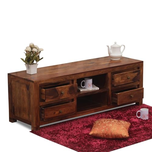 Image of Solid Wood TV Unit for Living Room 55 Inch Furniture - Wooden TV Unit with Storage Cabinet with 4 Drawr, 2 Shelves Wooden TV Cabinet for Living Room - Fits up to 55-Inch TV (Jayden)