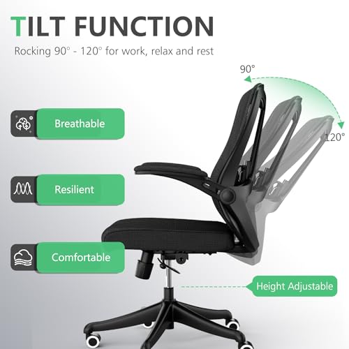 350 LBS Ergonomic Office Computer Mesh Chair - Adjustable Height Rolling Desk Chair with Flip-Up Armrests & High Back Support - Comfortable Swivel Task Chair for Home Office (02BLACK) — view 5