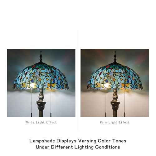 Image of Tiffany Style Floor Lamp, 16 inch Stained Glass Dragonfly Shade with Antique Bronze Base, 2-Light E26 Pull Chain Standing Reading Light for Living Room, Bedroom, UL Listed, 16x16x64 Inches