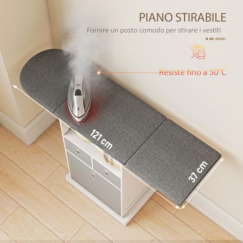 Homcom Mobile Asse Da Stiro Pieghevole Salvaspazio, Mobile Da Stiro Multiuso Con 3 Cassetti In Tessuto Effetto Lino, Ruote A Freno, Ripiano Aperto, Per Lavanderia E Bagno, 121X37X89.5 Cm, Bianco - 3