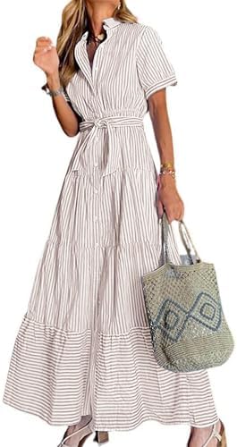 utcoco Womens Casual Short Sleeve Button Down Tie Waist Ruffled S...