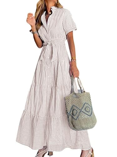 utcoco Womens Casual Short Sleeve Button Down Tie Waist Ruffled Striped Maxi Shirt Dress (Small...