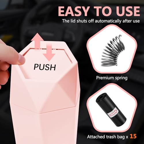 Image of Car Trash Can with Lid - 1-Pack, Interior Accessories for Vehicles, Leakproof Garbage Can with 15 Detachable Trash Bags, Multipurpose Organizers and Storage Solutions for Home and Office (Pink)