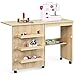 RELAX4LIFE Table Pliable pour Machine à Coudre avec 4 Etagères de Rangement, Armoire à Machine à Coudre avec Roulettes avec Freins, Table Pliable en MDF, 117 x 40 x 77 CM, Blanc/Naturel/Brun (Naturel)