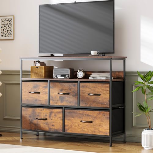 GoaHi 5 Drawer Chest of Drawers with Storage Shelf, Industrial Steel Frame & MDF Top, Fabric Drawer Storage Unit for Bedroom, Living Room, Hallway or TV Unit,Rustic Brown