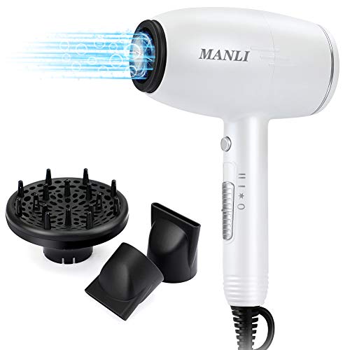 Hair Dryers with Diffuser, MANLI 2300W Professional Negative Ion Salon Hair Dryer, Negative Ionic Blow Dryer for Fast Drying, (White)