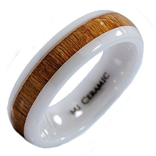 MJ Metals Jewelry 6mm White Ceramic Wedding Band, Inlay Made from Real Koa Wood, Ring Size 7