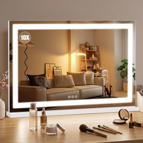 Bearolve Vanity Mirror with Lights 32"x20", LED Makeup Mirror, 3 Color Lighting Modes, 10X Magnification, Smart Touch Control, Dimmable, Aluminum Metal Frame, Lighted Up for Vanity Desk (White)