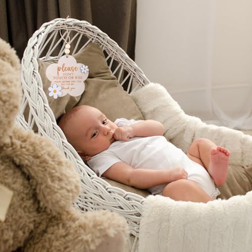 Image of Please Do Not Touch or Kiss Baby Sign, Wooden Don't Touch Baby Sign for Car Seat Stroller Tag No Touching Signage for Newborn (Flower)
