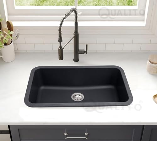 Image of Qualito Granite Quartz Kitchen Sink 31x19 Inch Black | Single Big Bowl Modern Sink | Matt Finish Kitchen Sink with Sink Coupling and Sink Waste Pipe | Sink for Kitchen (31x19 Inch Black)