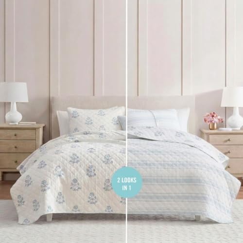 Image of Martha Stewart - King Quilt Set, 100% Cotton Reversible Bedding Set, Incredibly Soft Feel for Year Round Comfort, 3 Piece Bed Set with Matching Pillowcases (Flower Block Print Blue)