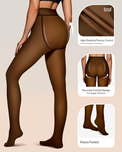 Image of OEAK Womens Fleece Lined Tights Fake Translucent Pantyhose Thermal Opaque High Waisted Winter Legging Footed Sheer Tights 220g Fake Translucent Honey L /XL